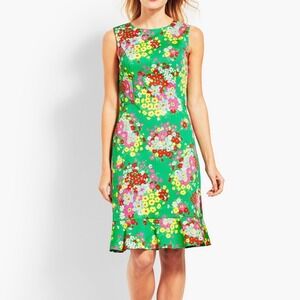 Talbots Colorful Green Floral Sleeveless Flounce Hem Shift Dress Size‎ 14